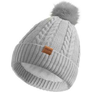 Women's Fleece Wool Lined Gray Beanie Winter Warm Snow Knit Cross Pom Hat Cap